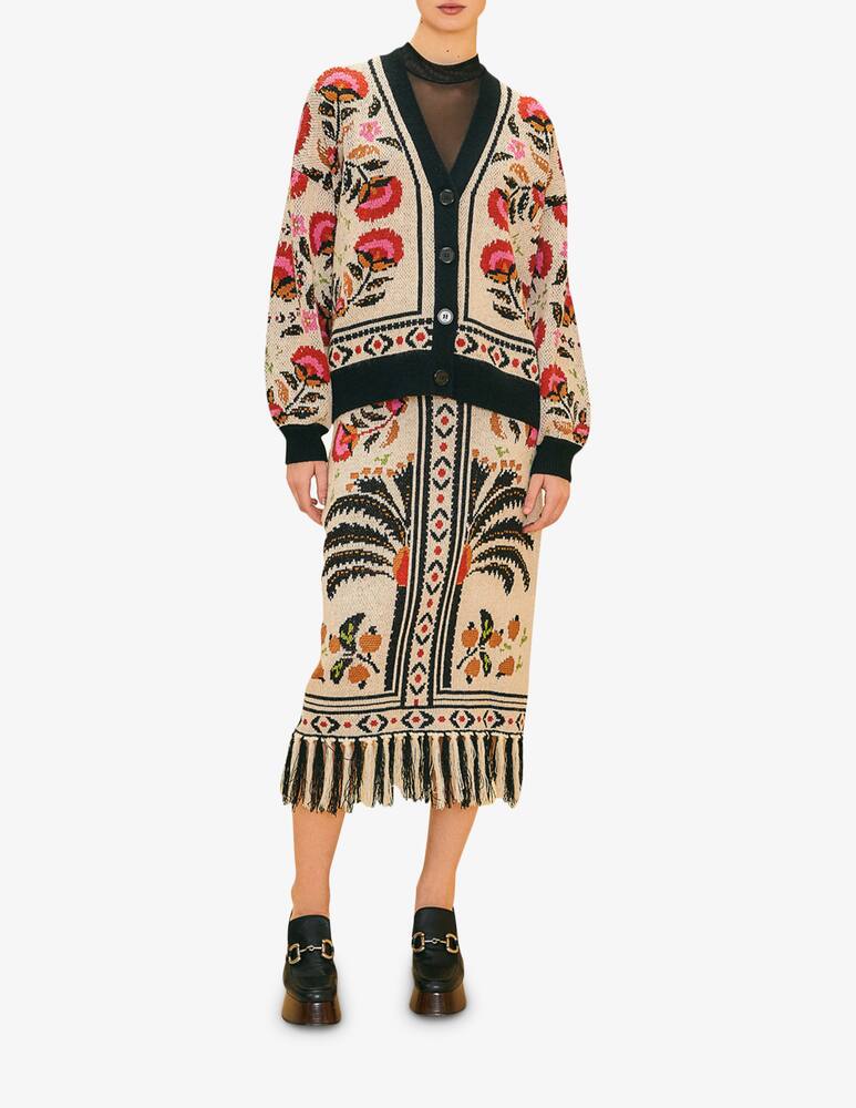 rinascente Farm Rio Palms paradise sand knit fringe midi skirt