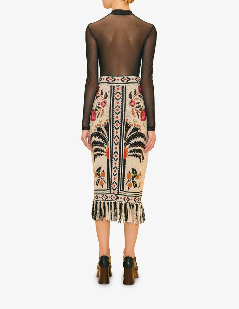 rinascente Farm Rio Palms paradise sand knit fringe midi skirt