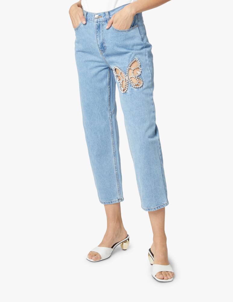 rinascente Area Jeans straight crpped con farfalla di cristalli - azzurro
