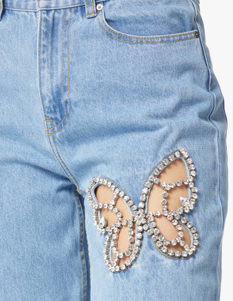 rinascente Area Jeans straight crpped con farfalla di cristalli - azzurro