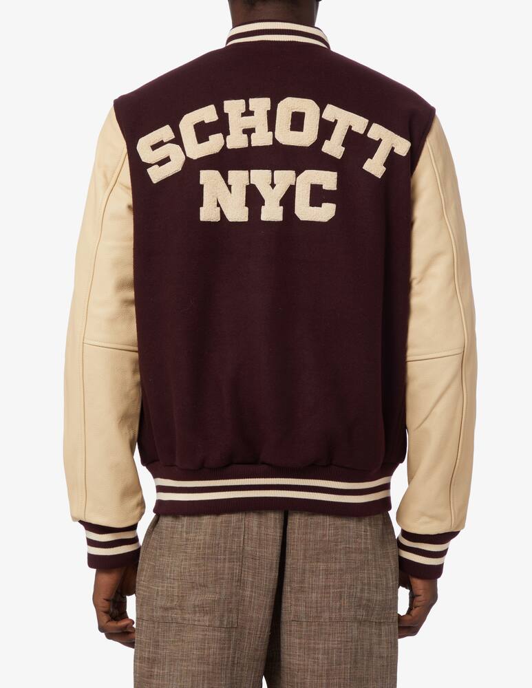 rinascente Schott Back logo leather sleeve college jacket - Brown