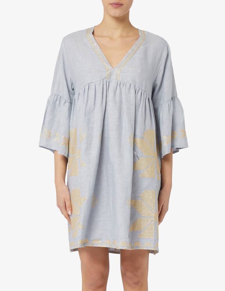 Greek Archaic Kori Short linen kaftan vneck bell sleeves - picture 1 Greek Archaic Kori Short linen kaftan vneck bell sleeves - picture 1