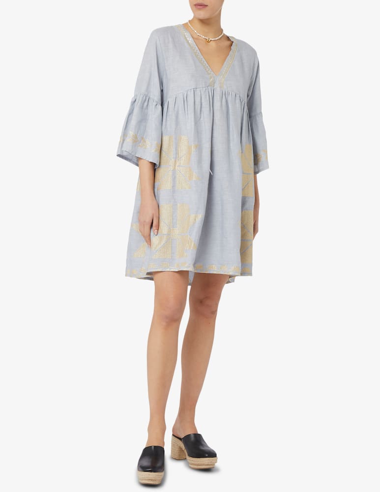 Greek Archaic Kori Short linen kaftan vneck bell sleeves - picture 2 Greek Archaic Kori Short linen kaftan vneck bell sleeves - picture 2