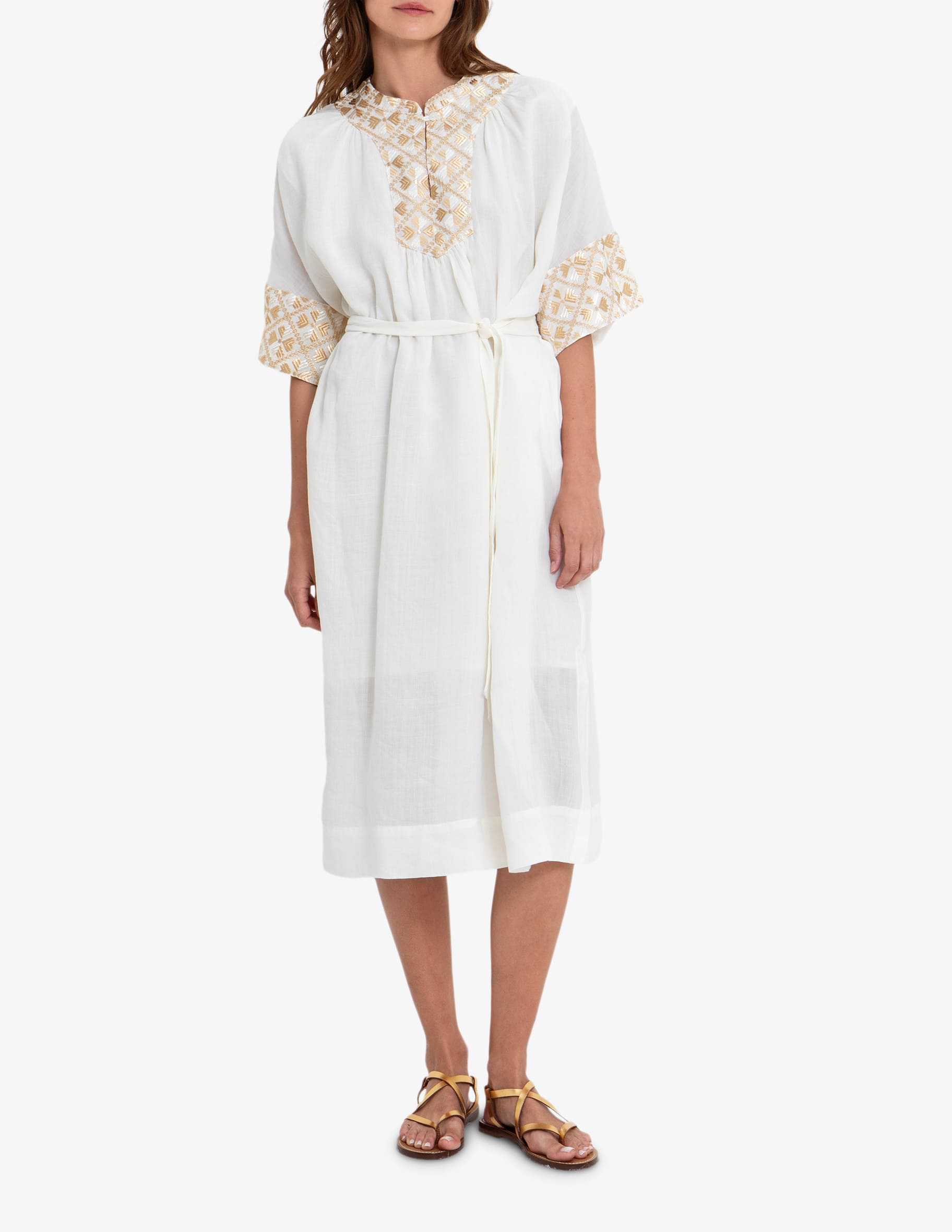 greek embroidered dress Greek Archaic Kori Off The Shoulder Linen Maxi Dress – Pasha Living main image 0