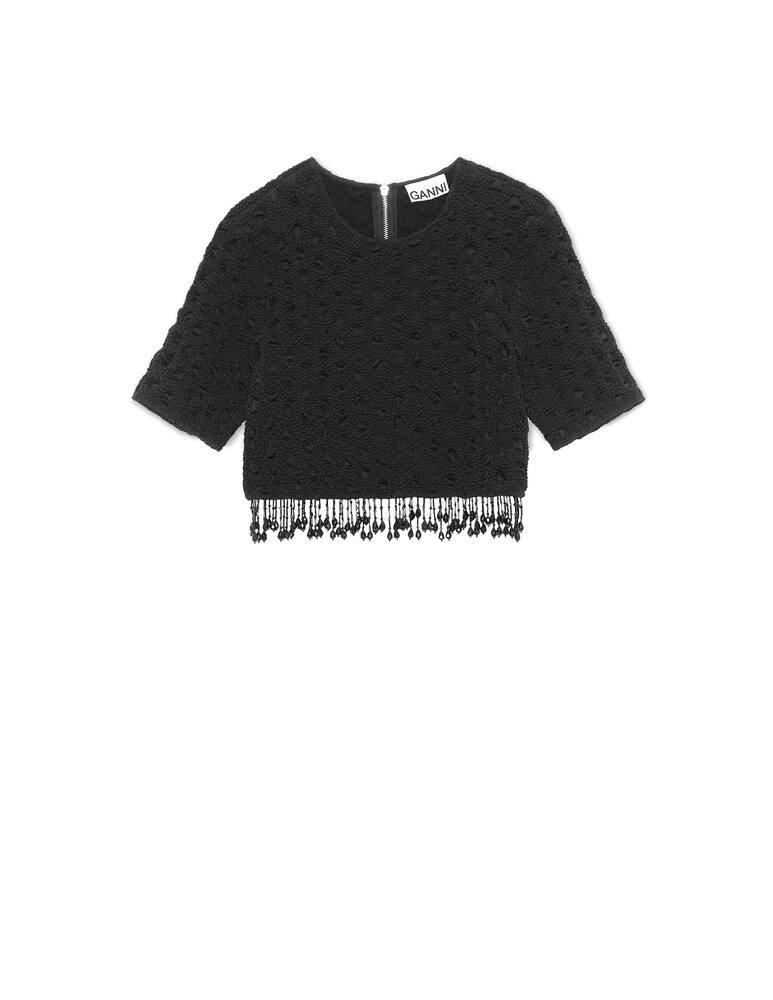 rinascente Ganni Crewneck croptop with pearls - black