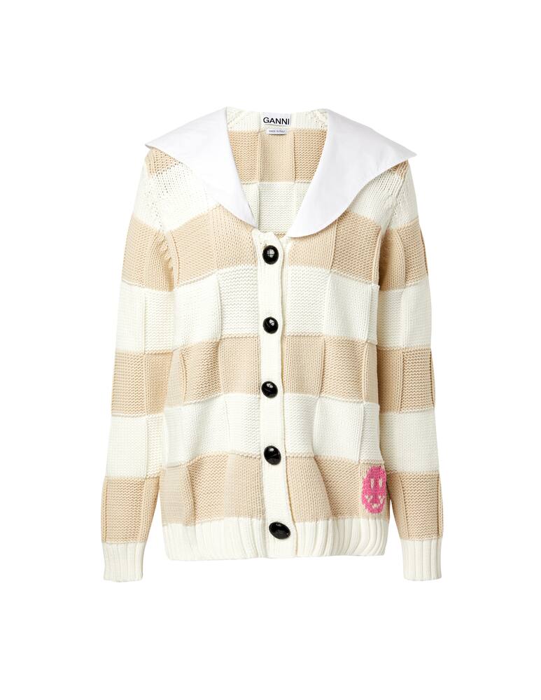 rinascente Ganni Striped cardigan with big collar - beige