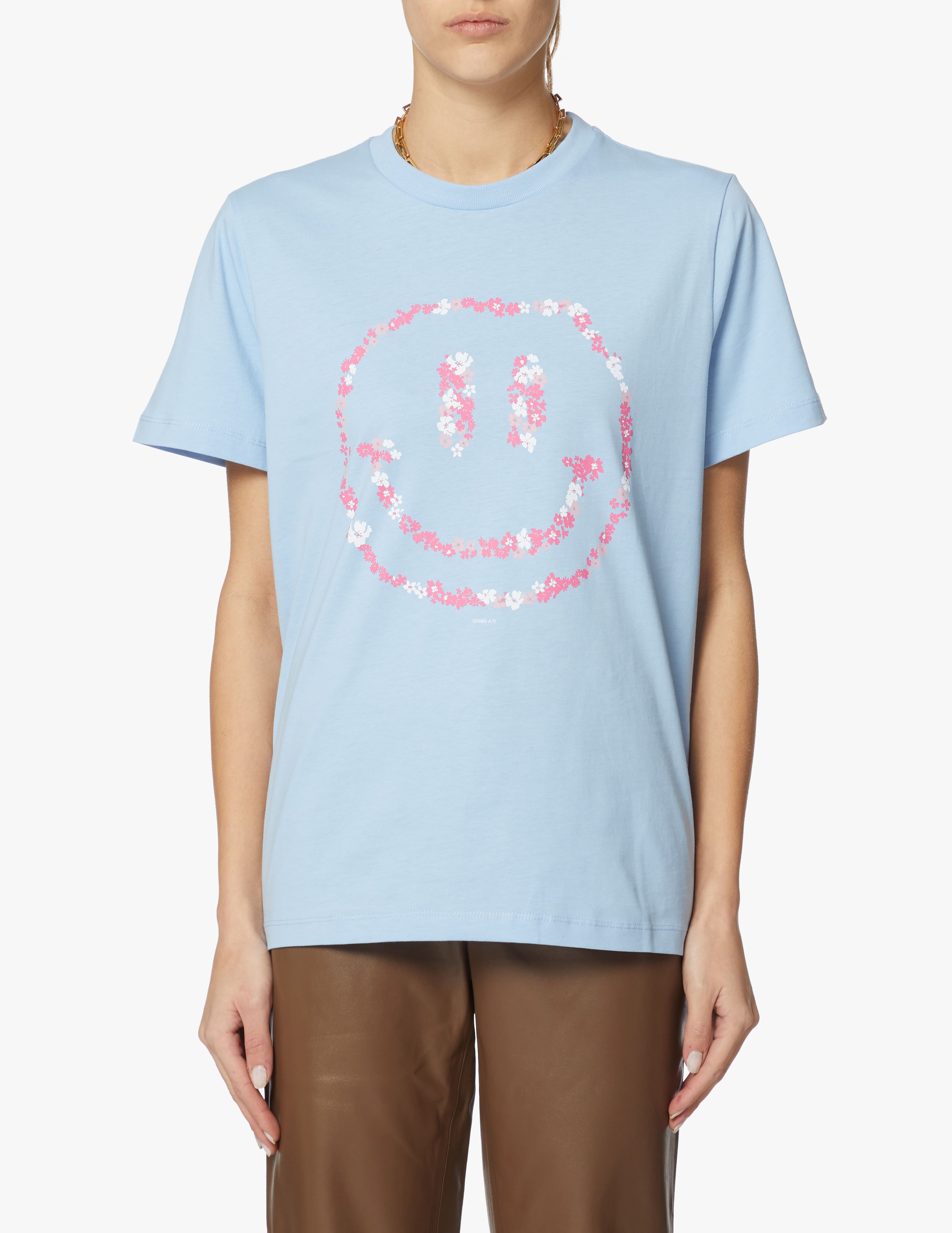 Shop Ganni Smile crewneck t-shirt - light blue on Rinascente