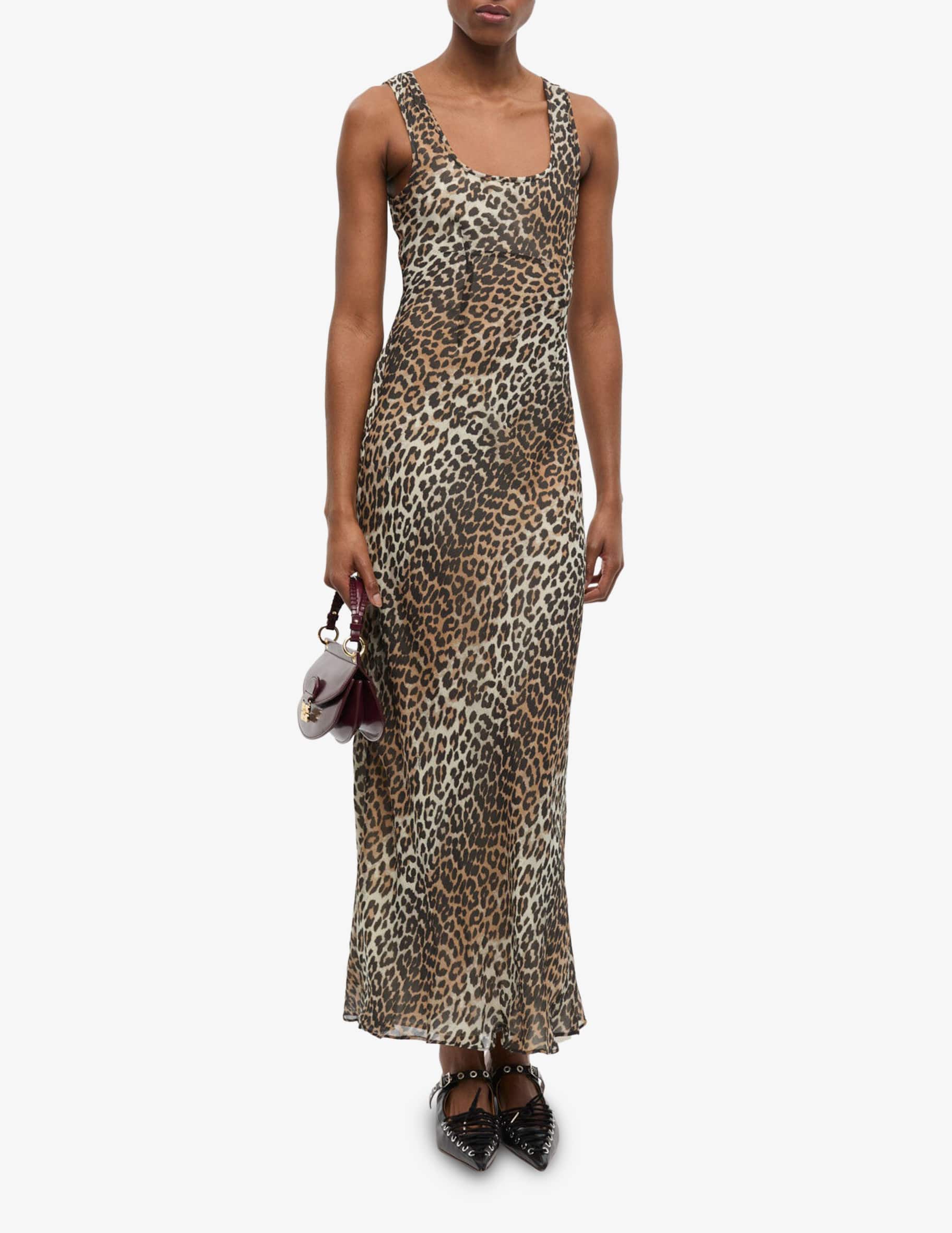 ワンピース Ganni Abito Midi Leopardato Leopard Leopard Printed Cotton Dress | GANNI US