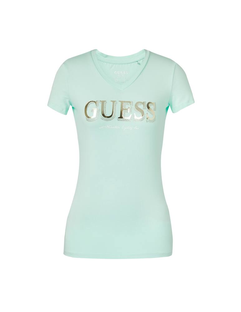 rinascente Guess T-shirt con collo a v in cotone e logo glitter - verde