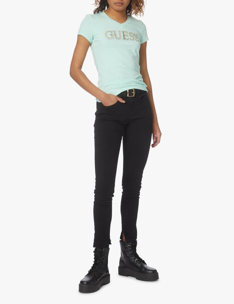 rinascente Guess T-shirt con collo a v in cotone e logo glitter - verde