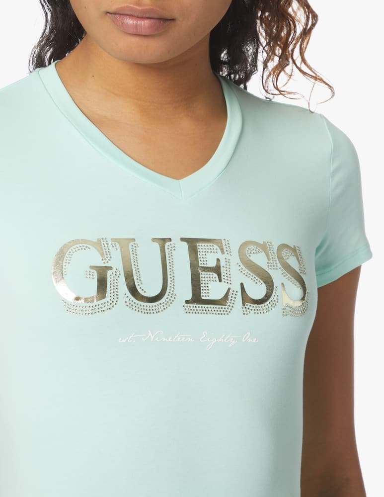rinascente Guess T-shirt con collo a v in cotone e logo glitter - verde