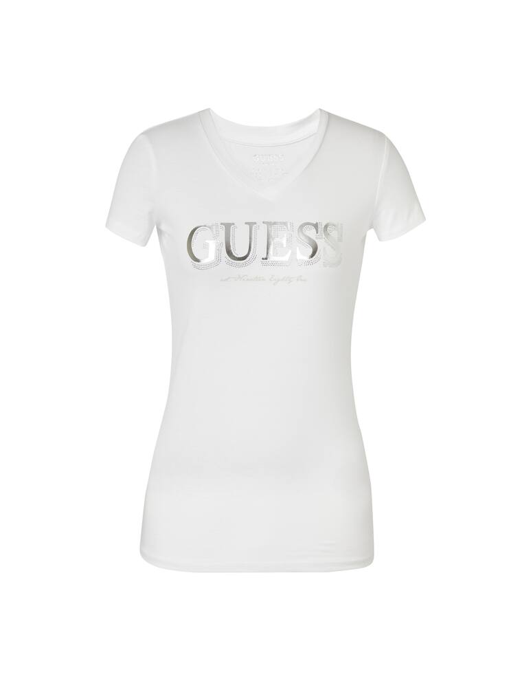 rinascente Guess V-neck cotton T-shirt with glitter logo - white