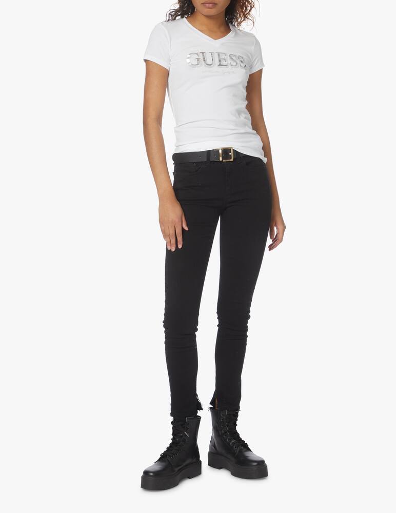 rinascente Guess V-neck cotton T-shirt with glitter logo - white