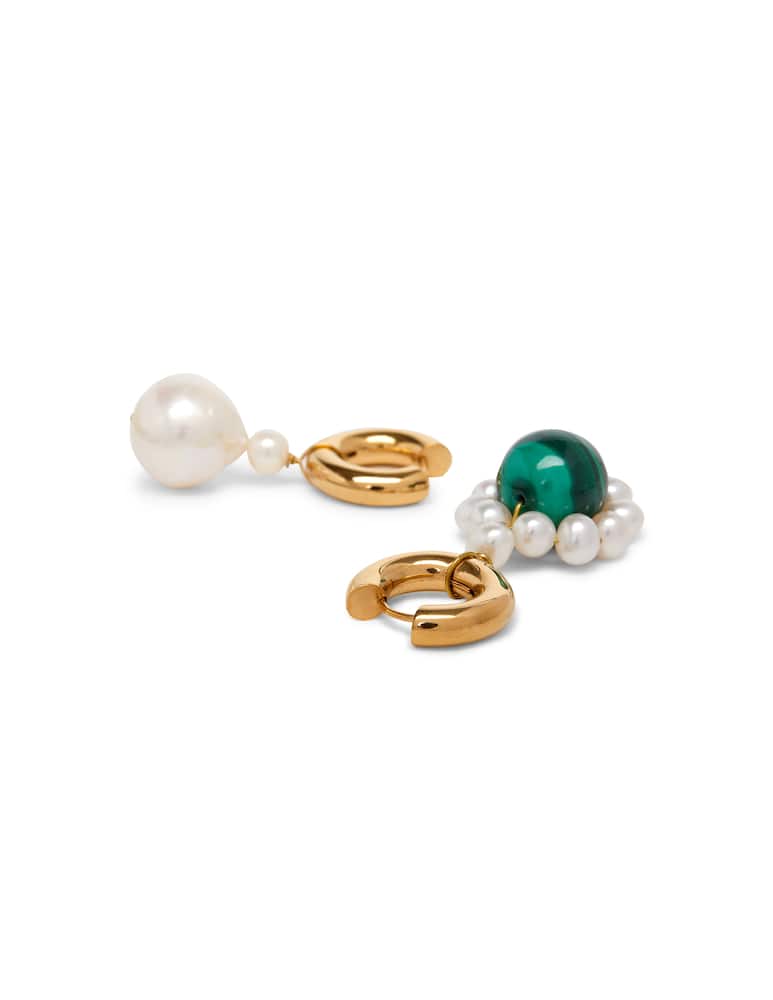 rinascente Timeless Pearly Gold plated hoop earrings with malachite ball and pearls