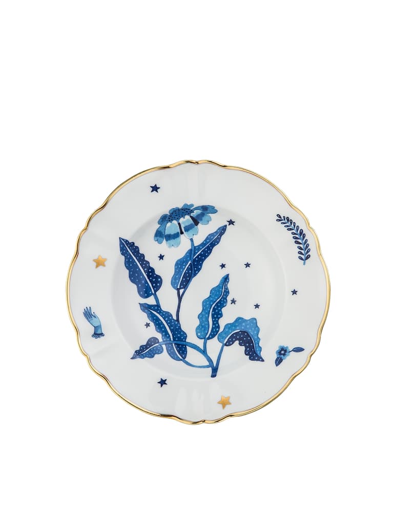 rinascente Bitossi Piatto Blue Floral Decal Gold Rim - Blu
