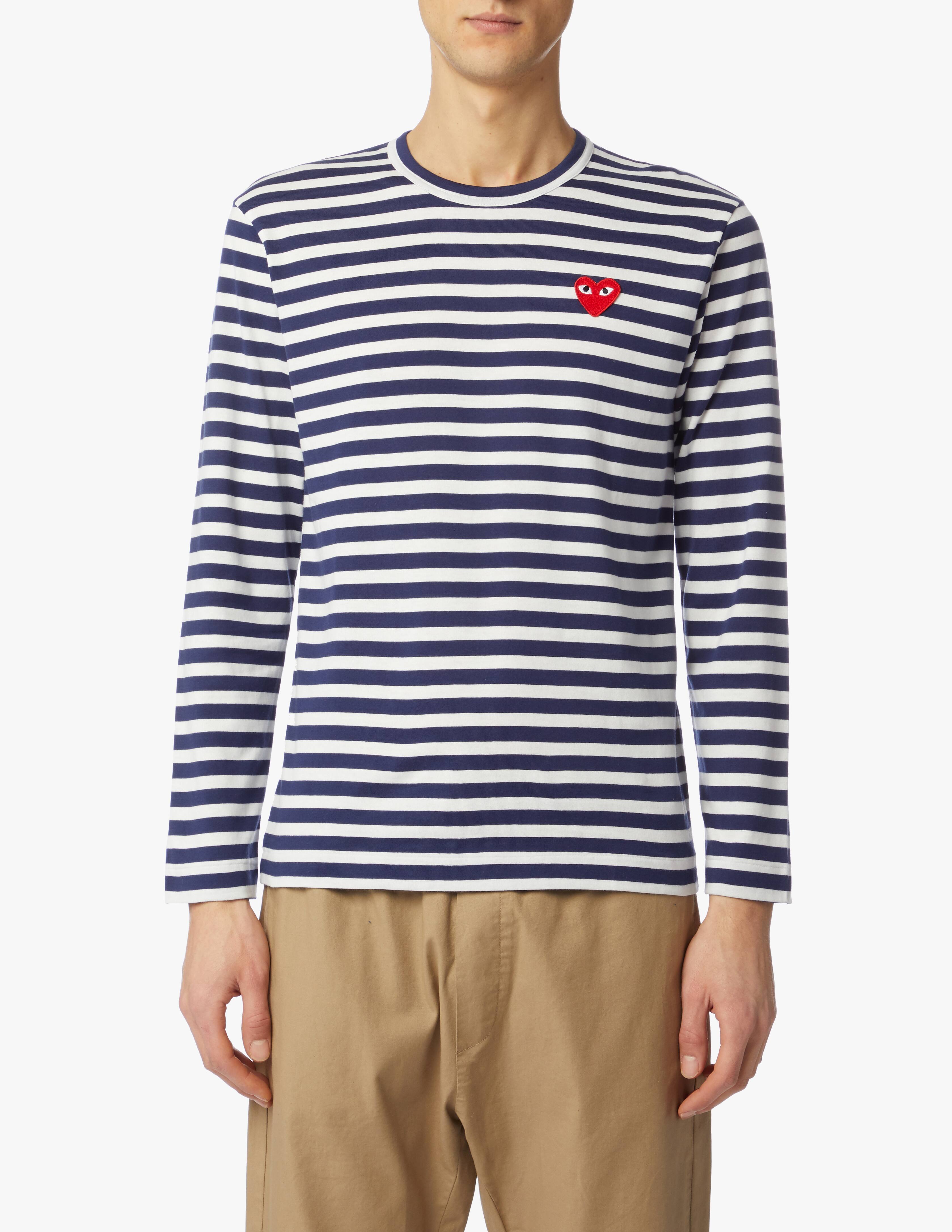 Comme des Garçons Play T-shirt play maniche lunghe a righe con logo a cuore  - blu - Rinascente.it