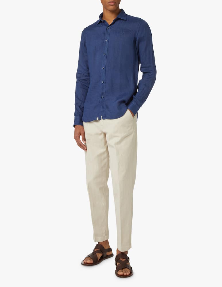 rinascente Tintoria Mattei Camicia manica lunga slim lino tinto capo - blu