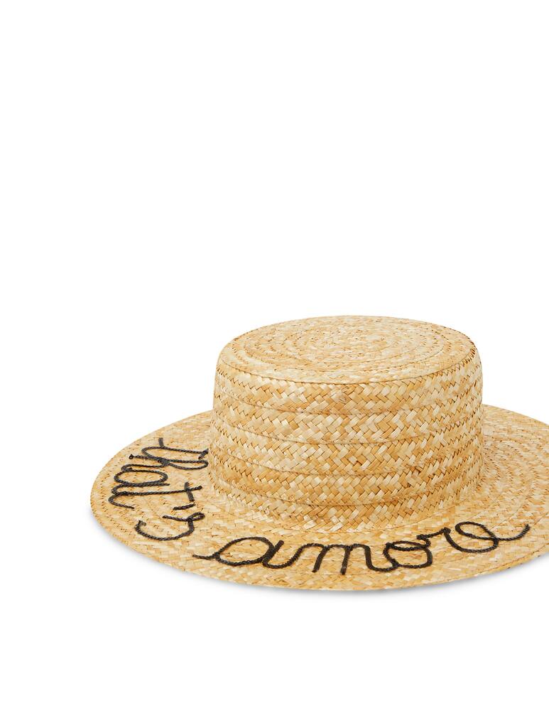 rinascente Leontine Vintage Straw Boater hat with sequin lettering That's Amore