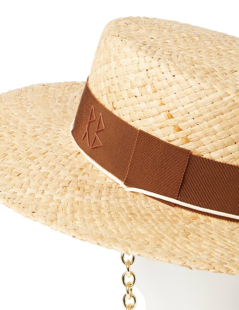 Shop Ruslan Baginskiy Chain strap straw boater brimmed hat beige on