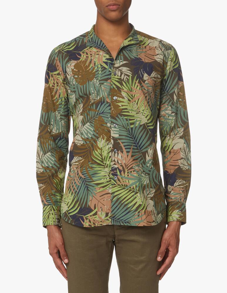 rinascente Bagutta Leaf print cotton guru shirt - green