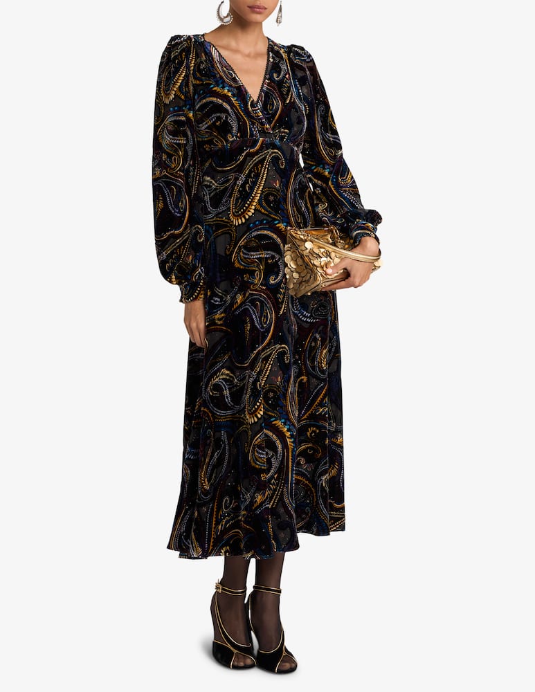 rinascente ETRO Midi wrap dress in burnout velvet with paisley foliage motif