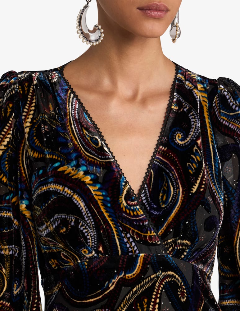 rinascente ETRO Midi wrap dress in burnout velvet with paisley foliage motif