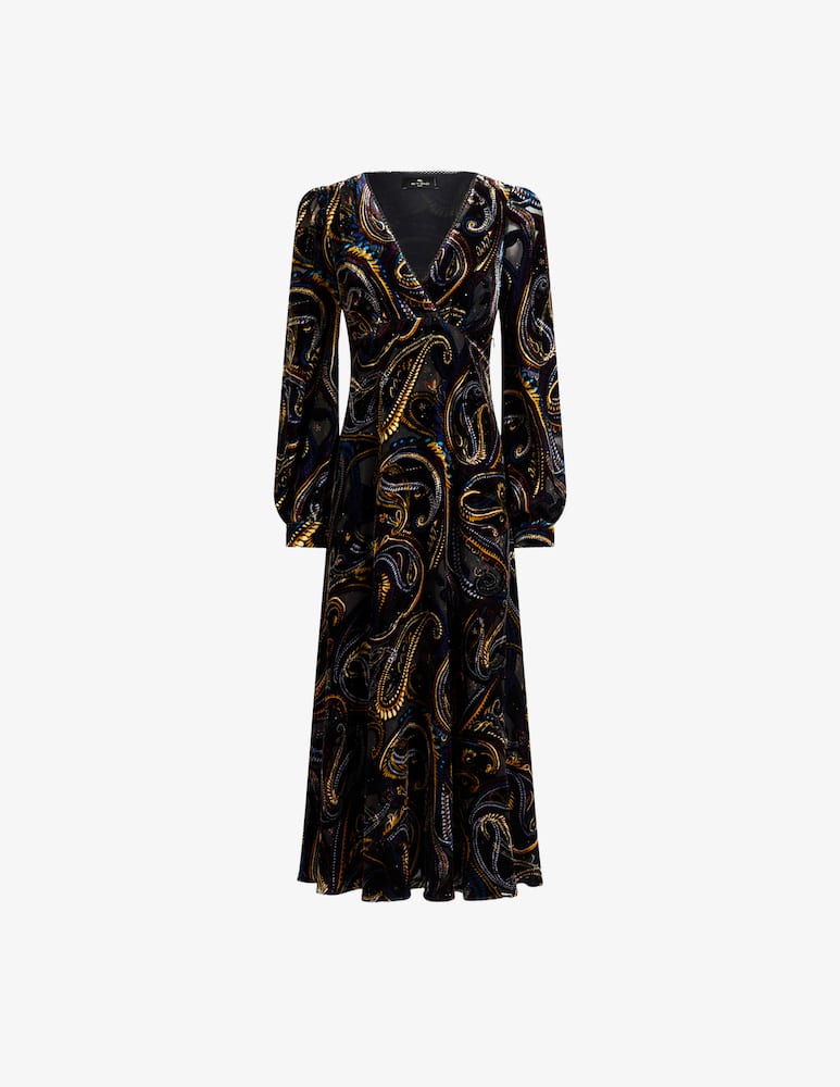 rinascente ETRO Midi wrap dress in burnout velvet with paisley foliage motif