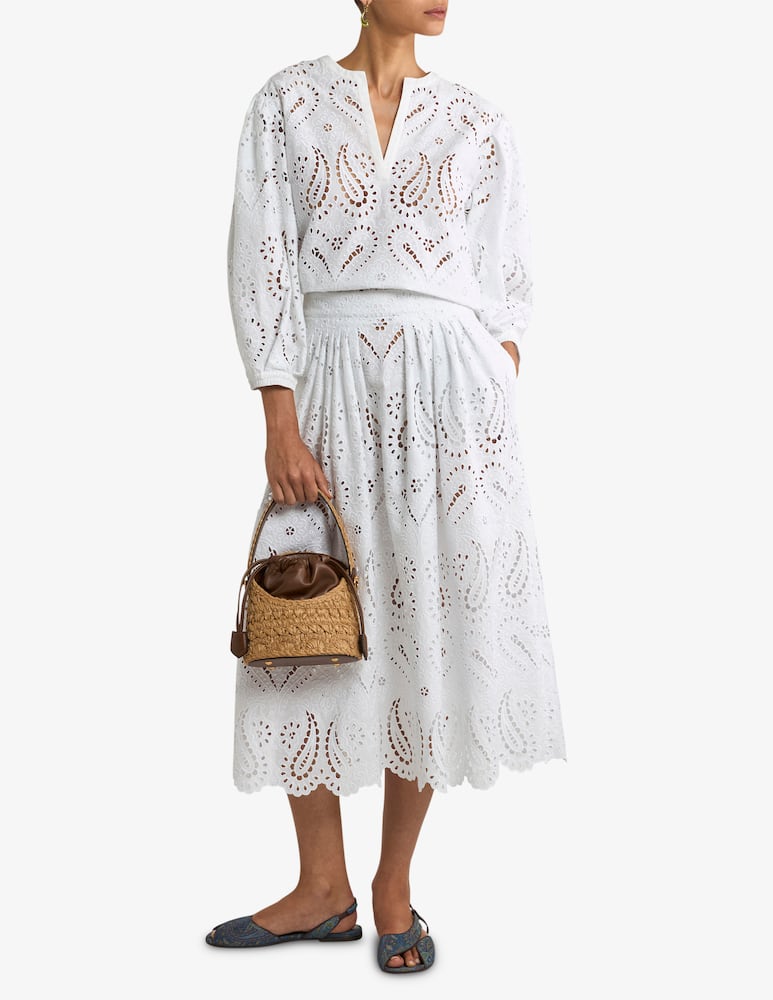 rinascente ETRO Broderie anglaise lace midi skirt with paisleys and hearts