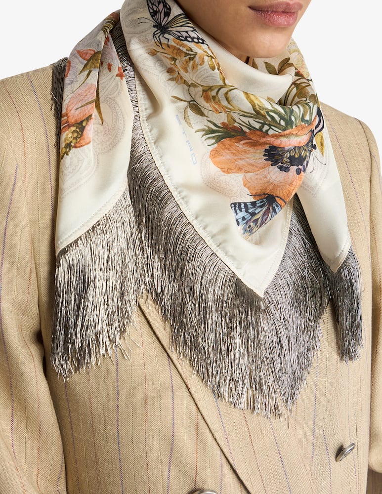 rinascente ETRO Silk scarf with fringing and flora and fauna motif