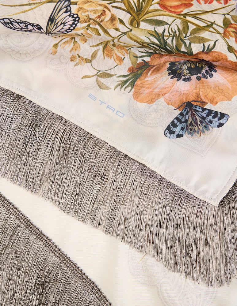 rinascente ETRO Silk scarf with fringing and flora and fauna motif