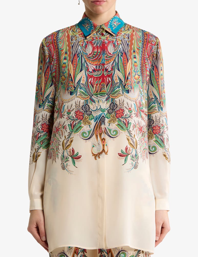 ETRO Long silk shirt with placed paisley foliage print - picture 1 ETRO Long silk shirt with placed paisley foliage print - picture 1