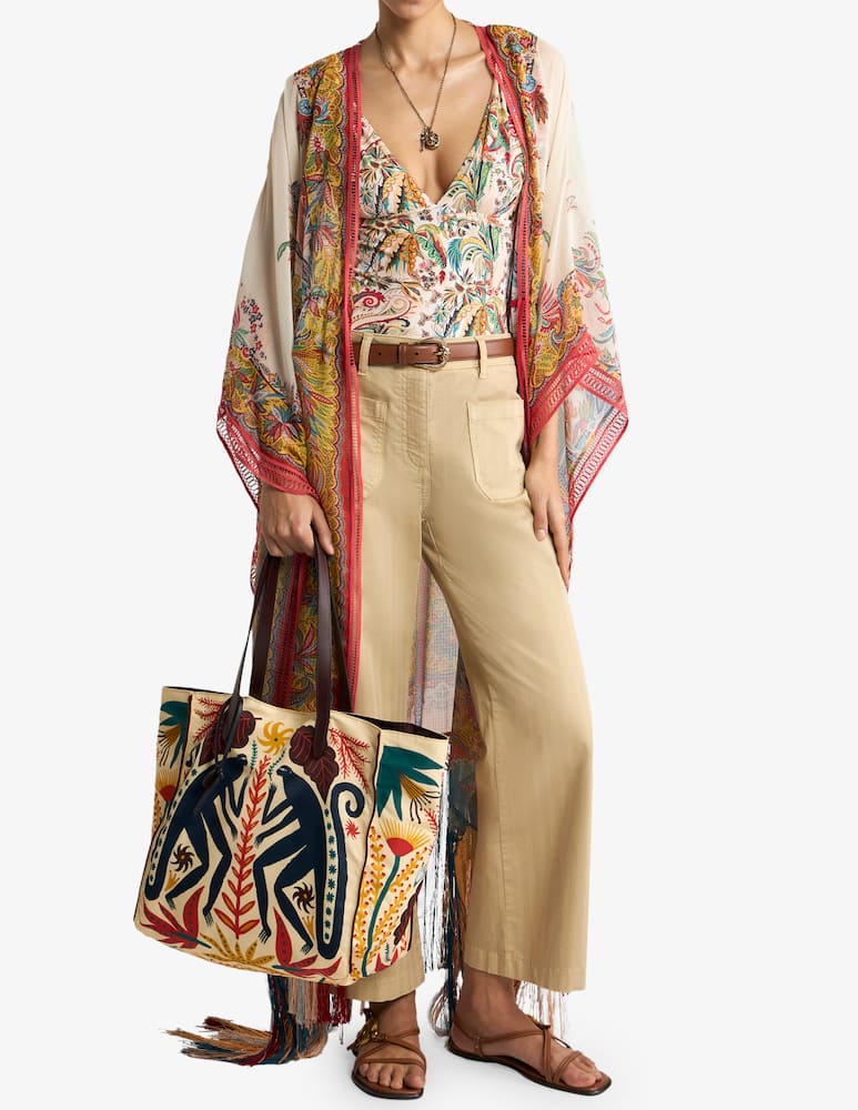 rinascente ETRO Caftano in seersucker con frange e stampa piazzata paisley foliage