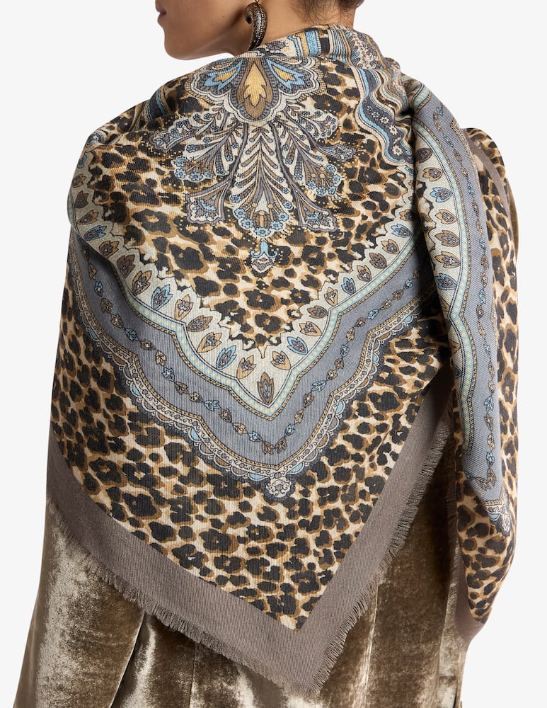 rinascente ETRO Wool, cashmere and silk shawl with leopard motif