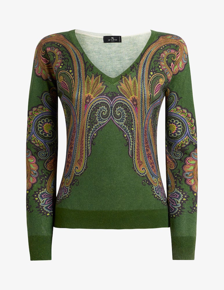 ETRO Silk and cashmere sweater with v-neck and placed paisley print - picture 1 ETRO Silk and cashmere sweater with v-neck and placed paisley print - picture 1