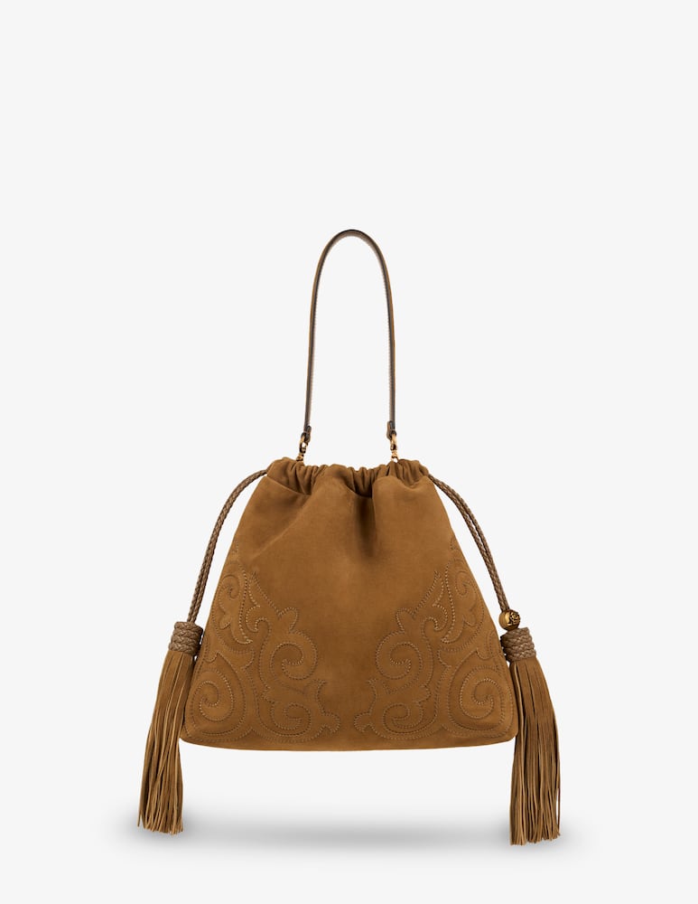 rinascente ETRO Medium suede kalispera bag with patch and tassels