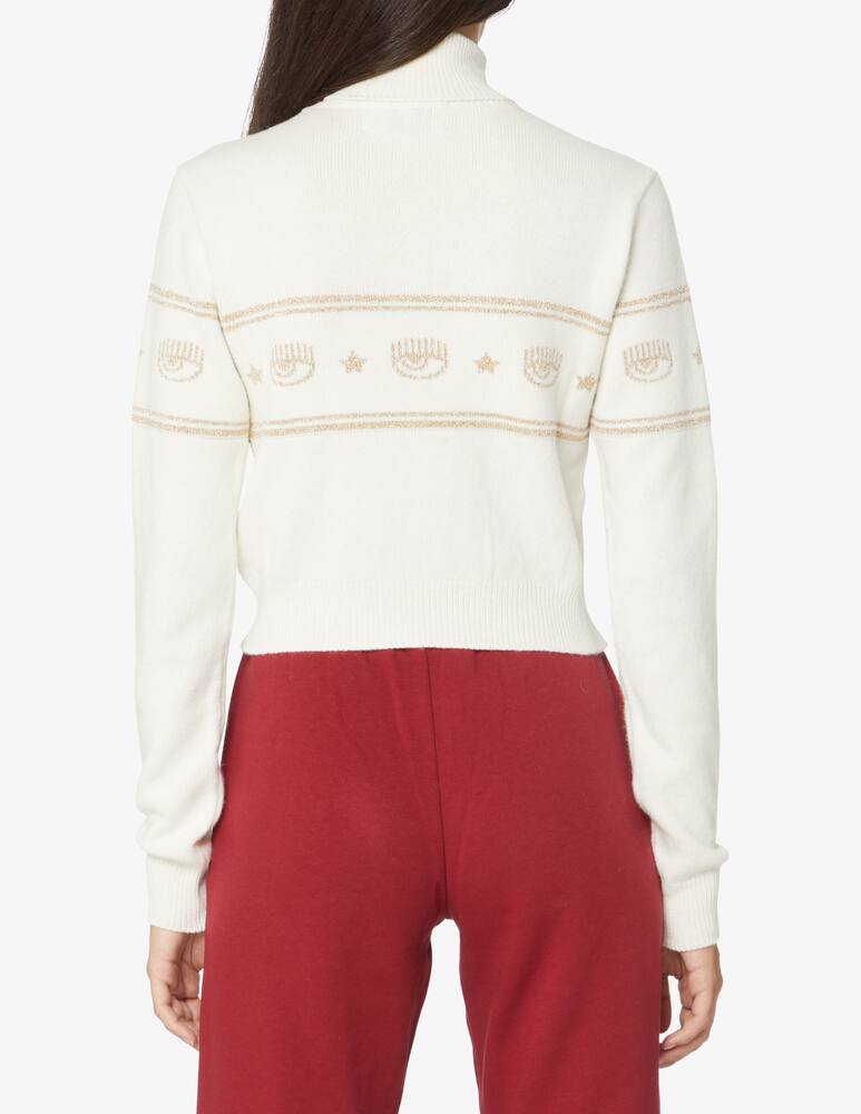 rinascente Chiara Ferragni Maglia crop lurex a collo alto in misto lana Maxilogo - Bianco