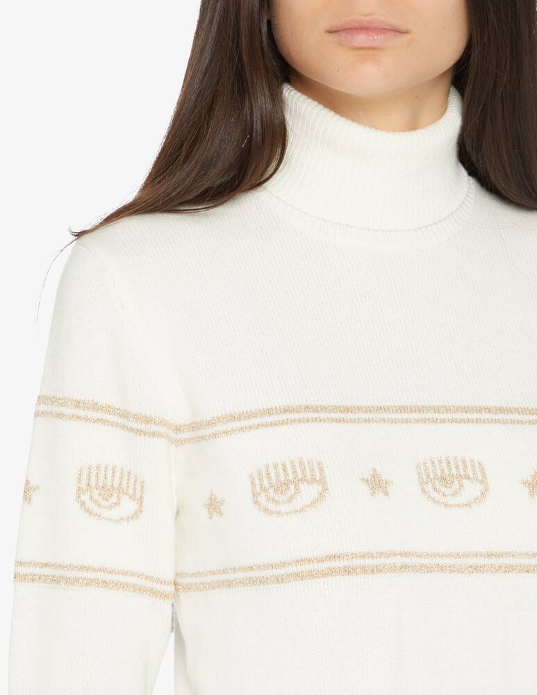 rinascente Chiara Ferragni Maglia crop lurex a collo alto in misto lana Maxilogo - Bianco