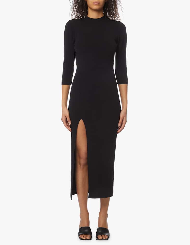 rinascente DROMe Vestito midi a girocollo e manica a 3/4 con lungo spacco - Nero
