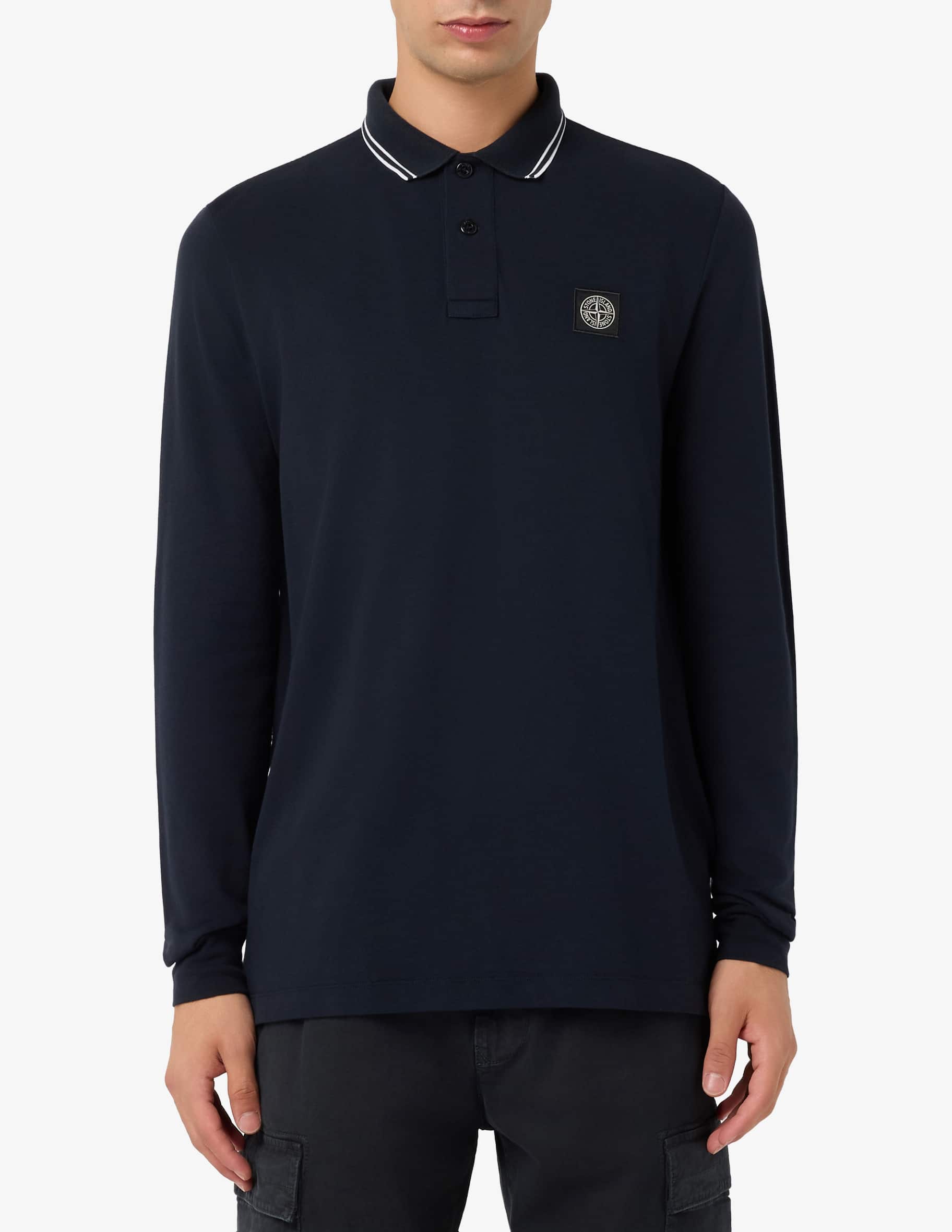 Shop Stone Island Pique long-sleeve polo on Rinascente