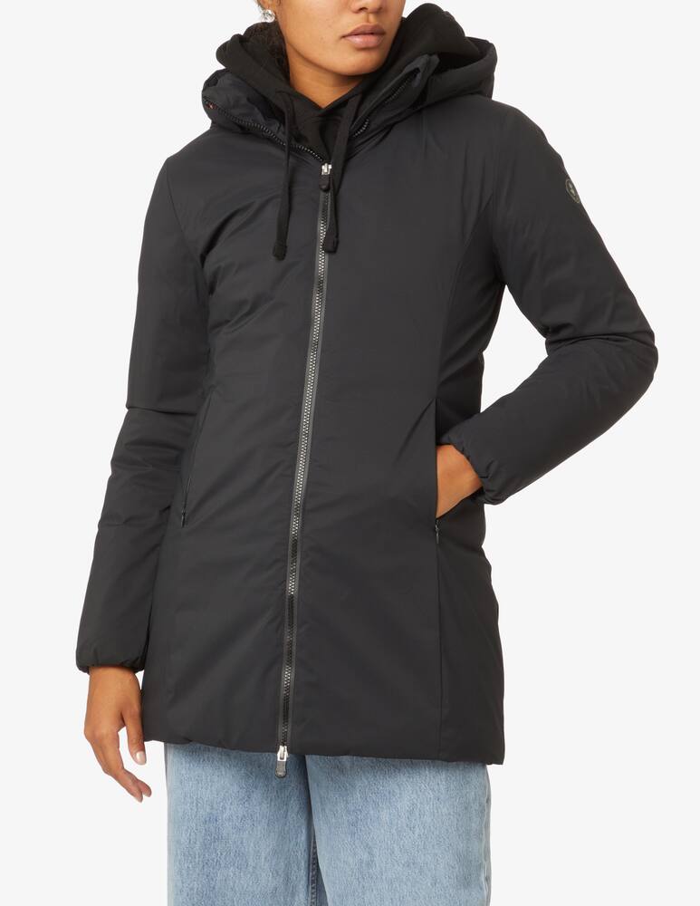 Save The Duck Long smooth coat with hood - Black - picture 1 Save The Duck Long smooth coat with hood - Black - picture 1