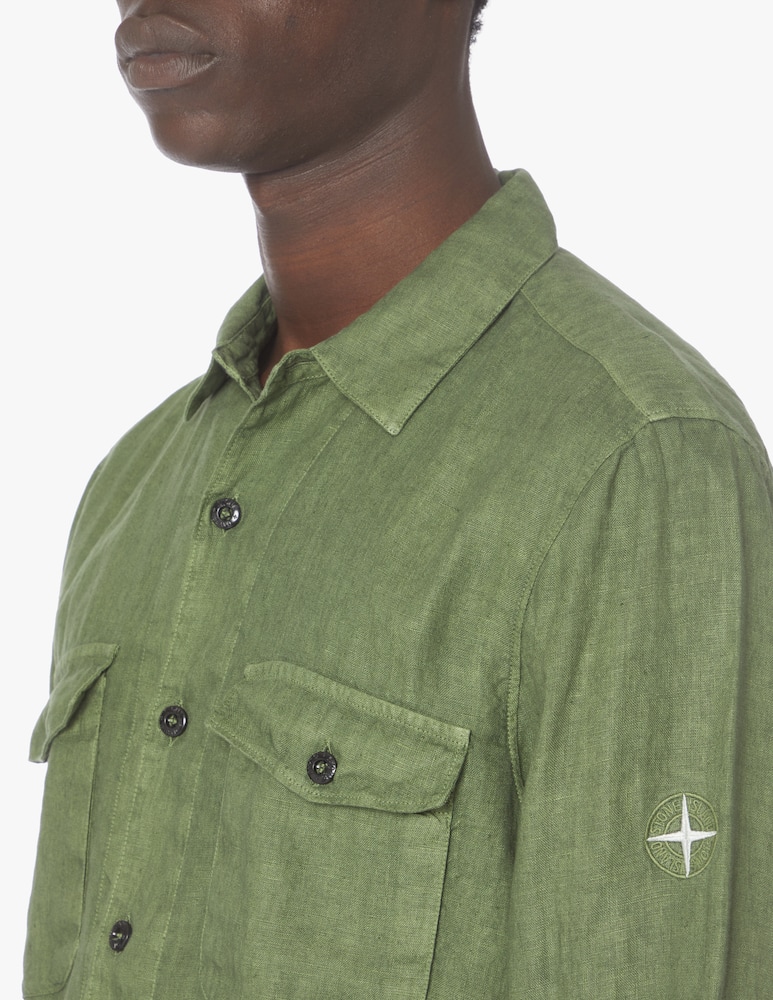 rinascente Stone Island Small star long sleeve linen shirt - olive