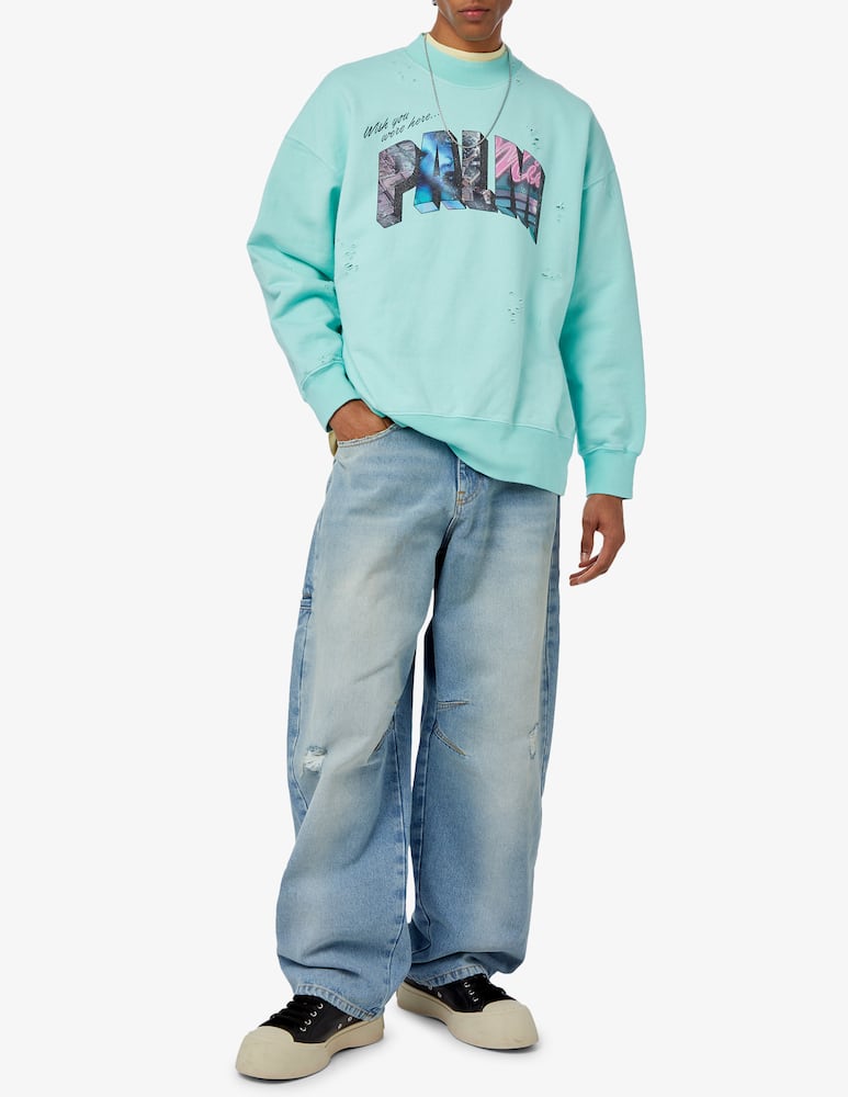 rinascente Palm Angels Light blue new logo distressed crewneck jumper 