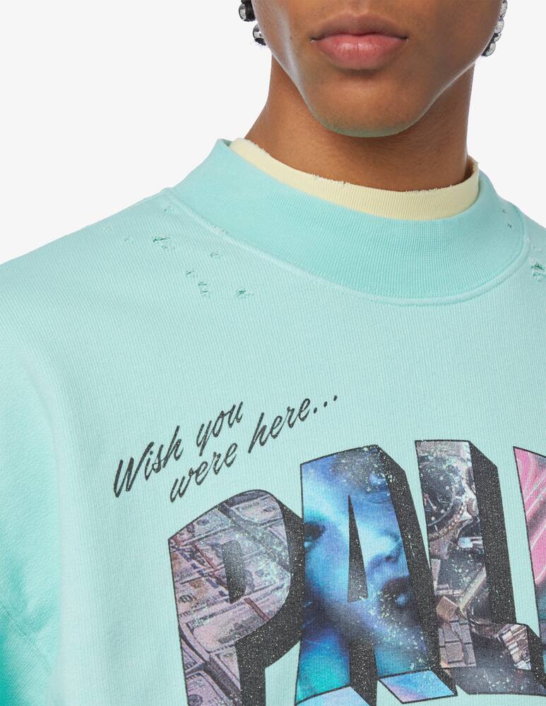 rinascente Palm Angels Light blue new logo distressed crewneck jumper 
