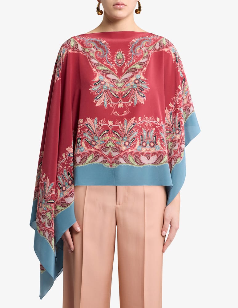 rinascente ETRO Asymmetric silk poncho top with placed print