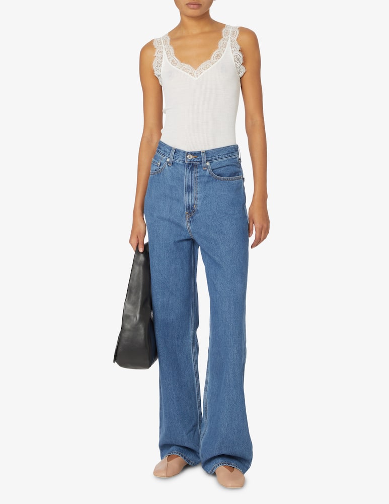 rinascente Lisanza Top in costina con spalline in pizzo - Bianco