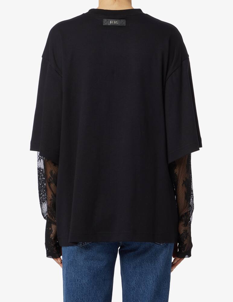 rinascente GCDS Oversized cotton t-shirt with lace sleeves - Black