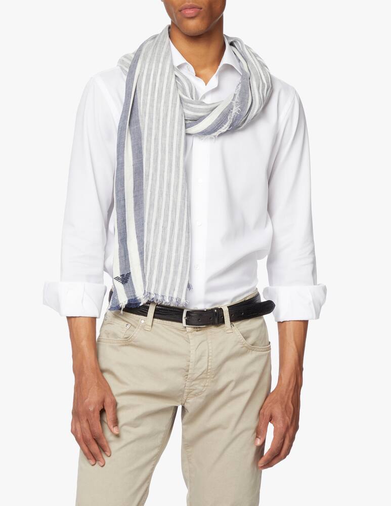 rinascente Emporio Armani 90x185 stripe embroidered eagle scarf - blue