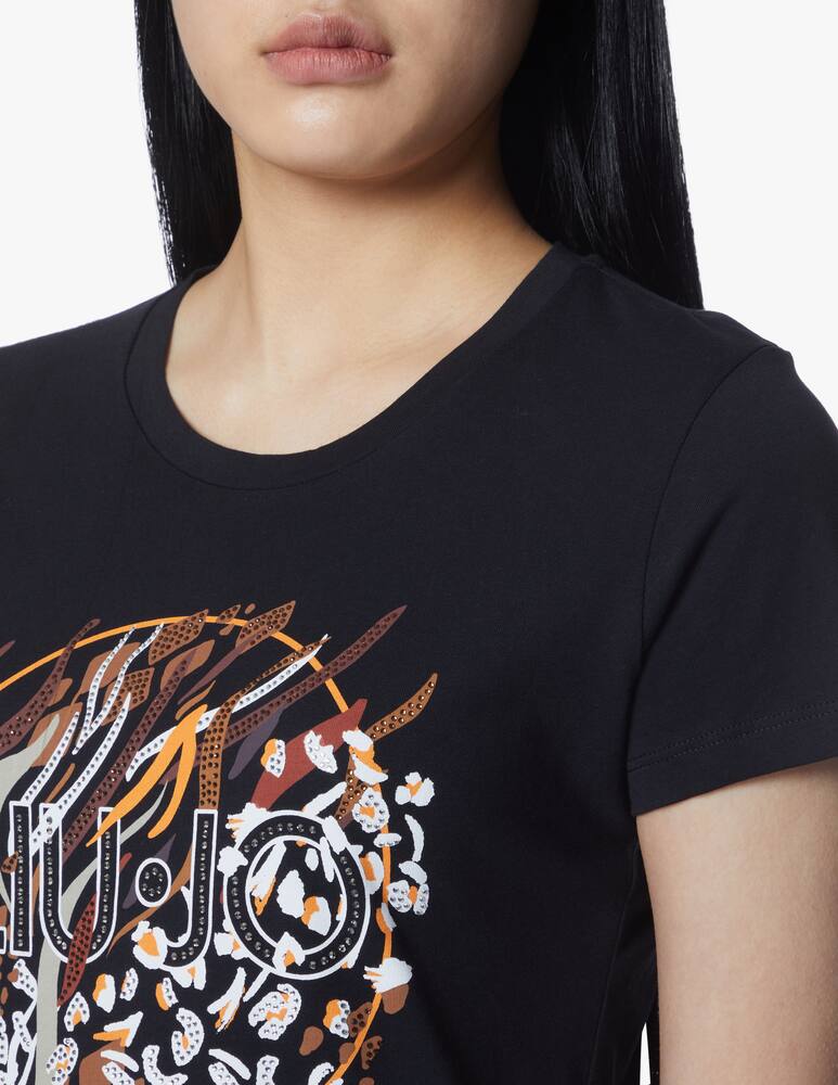 rinascente Liu Jo Cotton t-shirt with graphic and logo in strass - black
