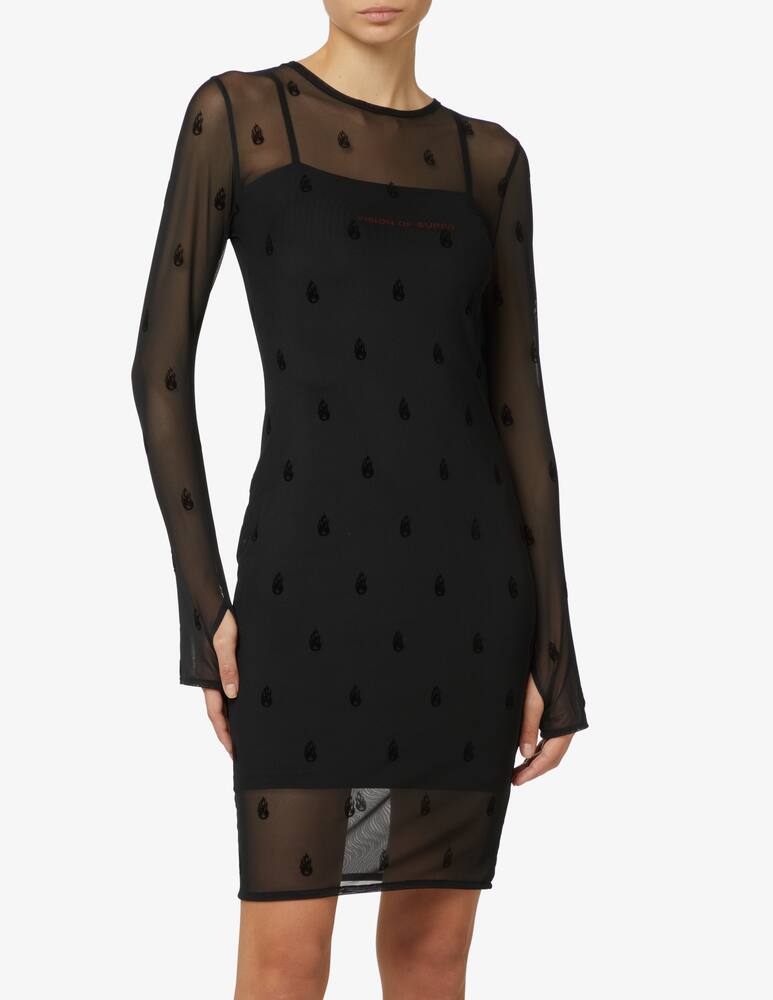 rinascente Vision of Super Vestito corto a manica lunga mesh flames piccola - Nero