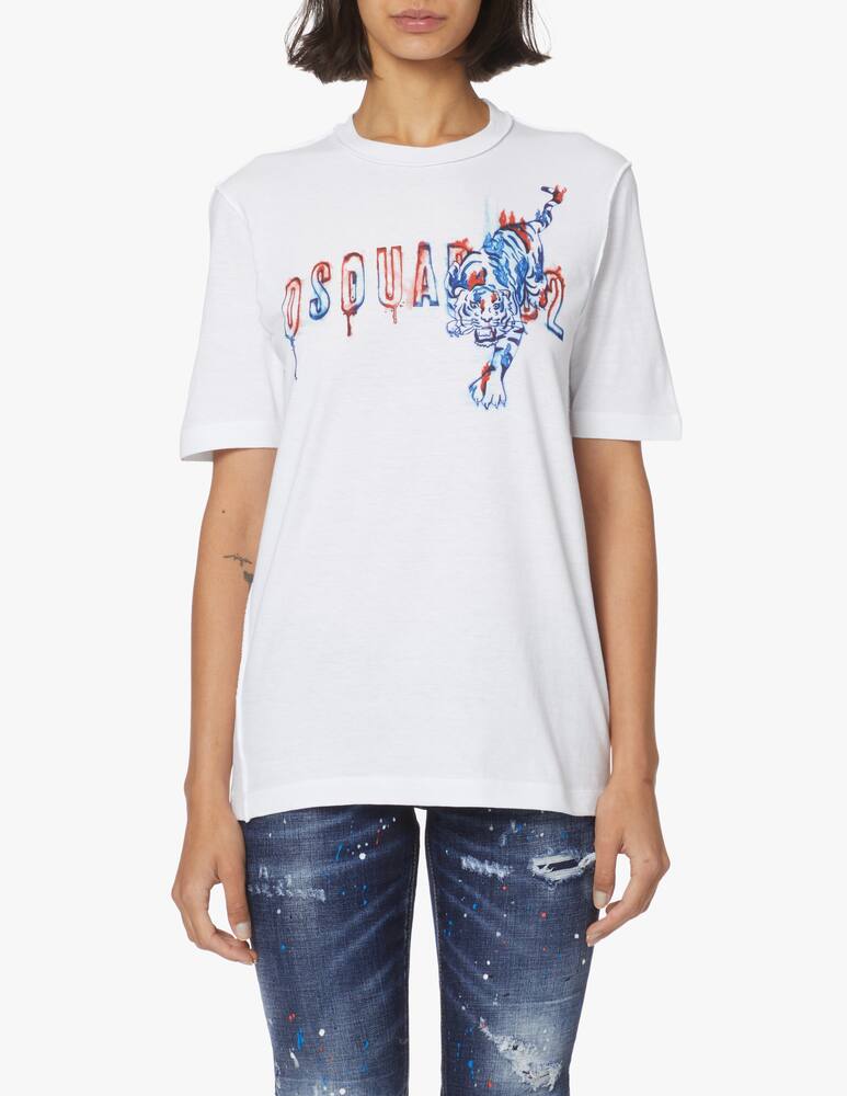 rinascente Dsquared2 Cotton t-shirt with logo and tiger - white